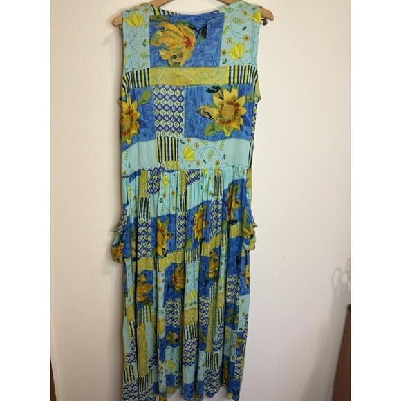 Vintage Bila California  Maxi Dress Women's Patchwork Blue Sunflower M 90s Boho - Picture 5 of 8